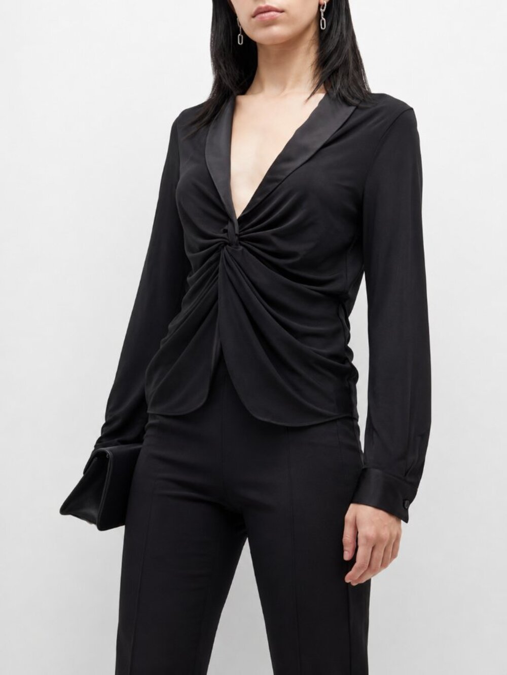 Donna Karan Silk Twist Front Shawl Collar Top Black Long Sleeve M NWT
